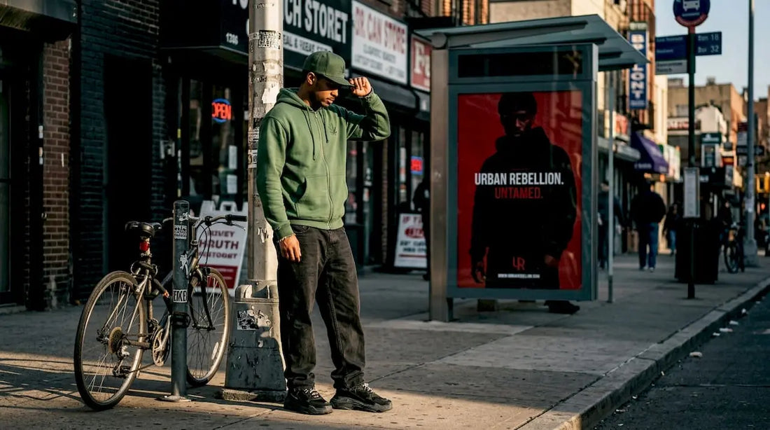 Person adjusts cannabis streetwear on busy sidewalk