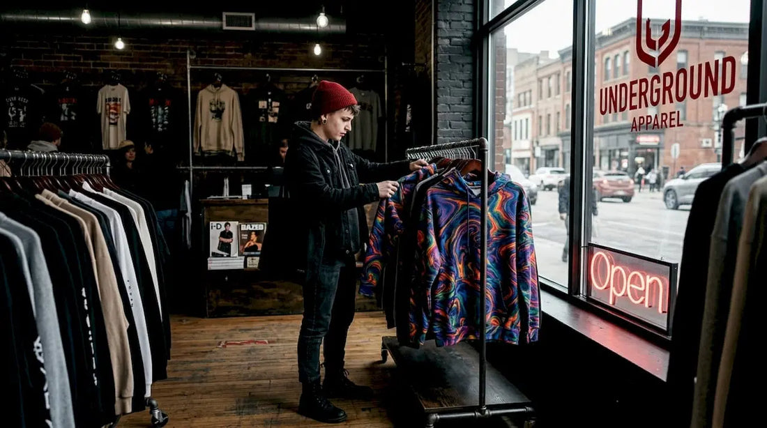 Shopper browsing psychedelic streetwear in boutique