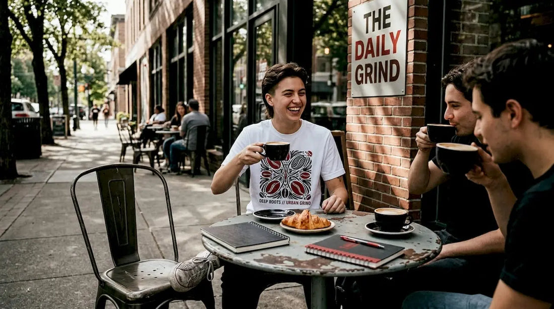 Streetwear graphic T-shirt at café table