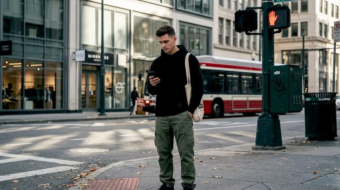 Young man in casual weed-inspired streetwear at city crosswalk