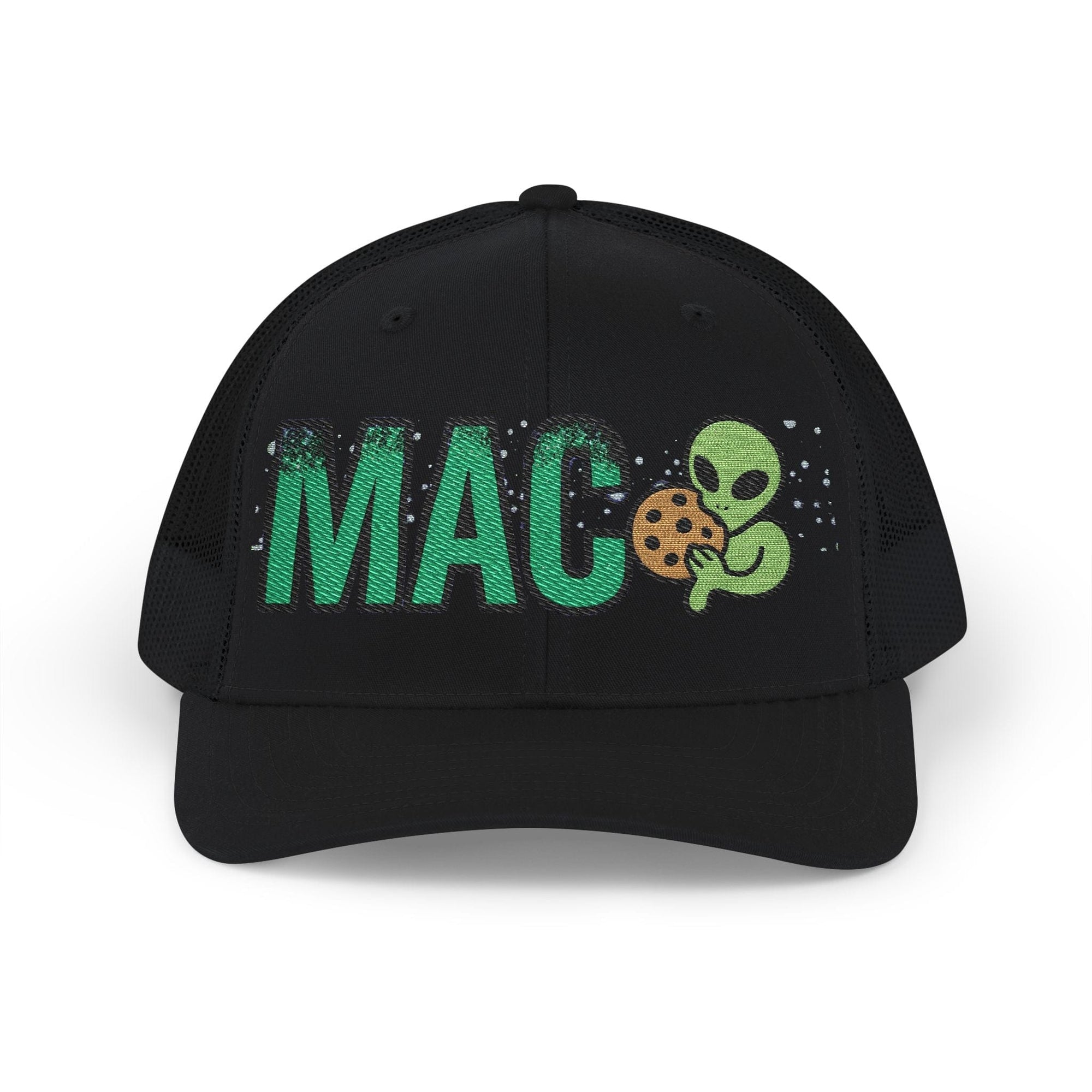 Printify Hats One size / Black MAC Alien Snapback Hat, Unique Trucker Hat, Fun Embroidery for Parties, Gifts for Gamers, Birthday, Casual Wear, Candy Cookie Vibe
