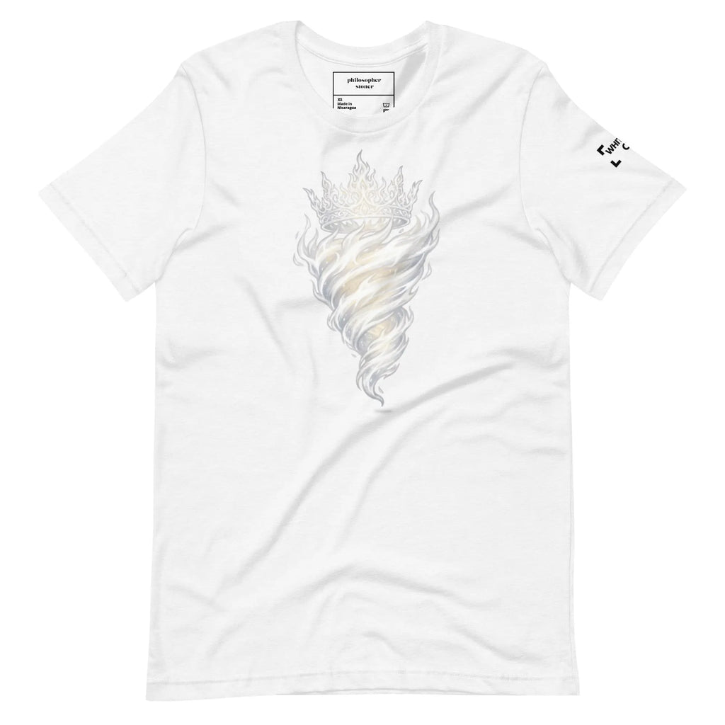 White Fire OG unisex t-shirt with flowing front graphic and crown detail on soft cotton fabric