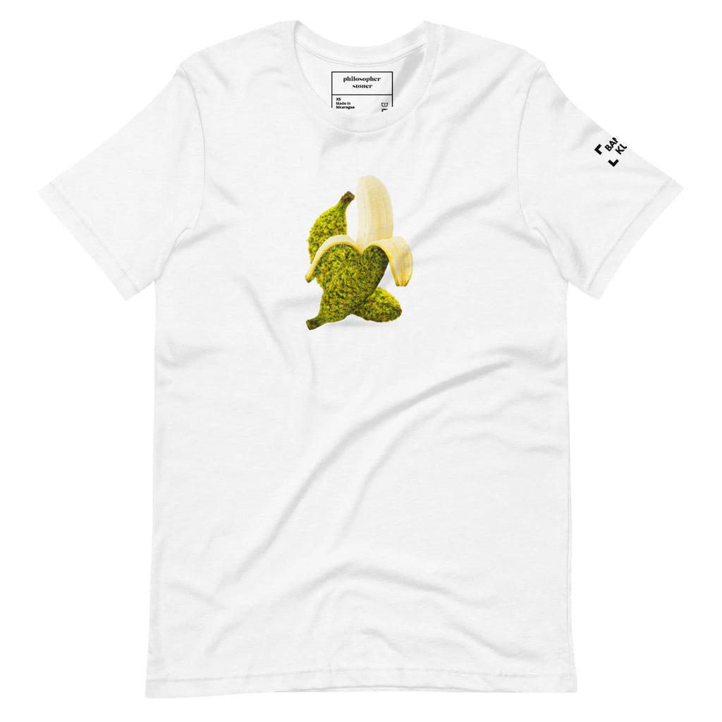 Banana Kush unisex T-shirt with peeled banana and cannabis bud graphic on a soft cotton streetwear tee