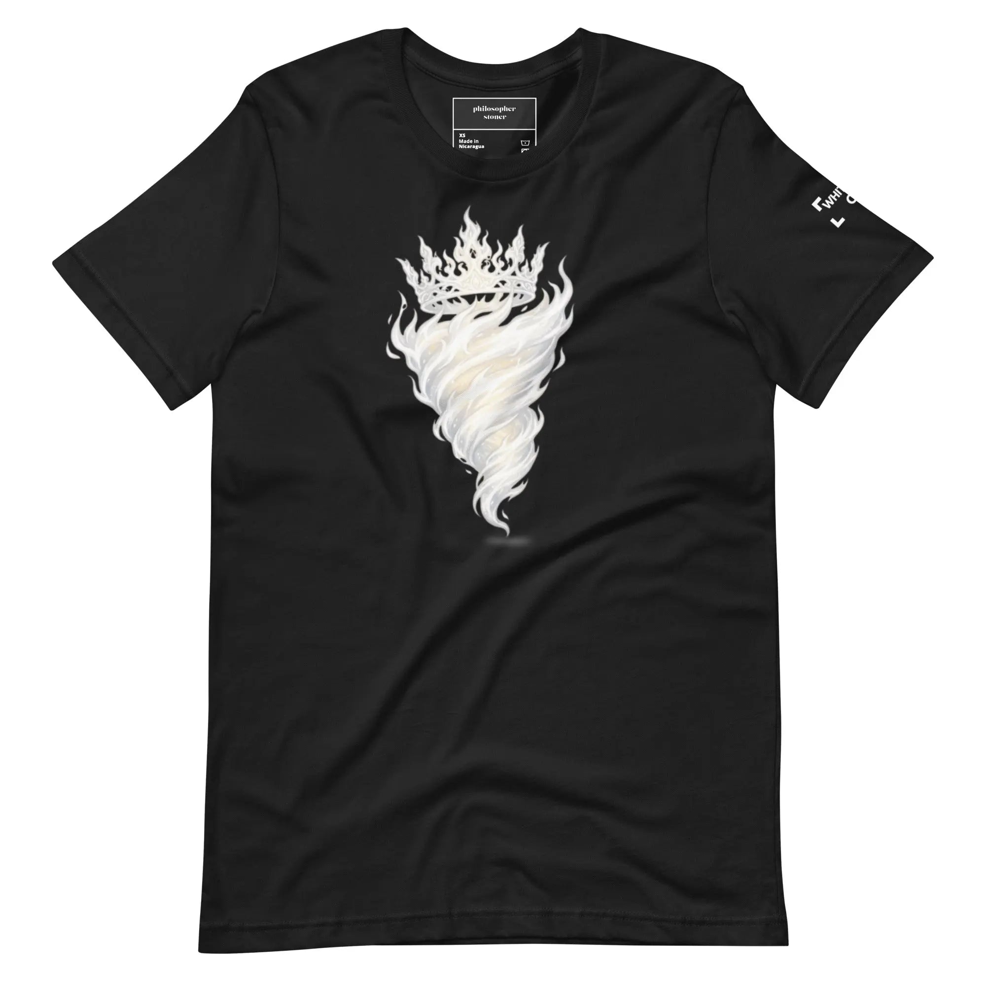 White Fire OG BLK/ GRN unisex t-shirt with flowing energy graphic and crown on soft black cotton tee