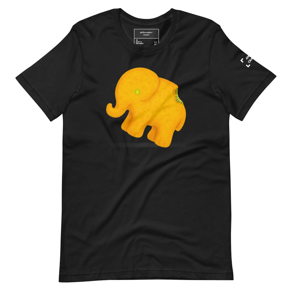 Animal Cracker BLK/ GRN unisex T-shirt with centered elephant cracker graphic and single bite detail